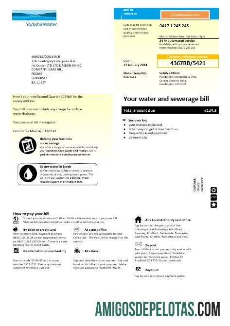 Em branco modelo de conta de serviços públicos de negócios de água de Yorkshire do Reino Unido em formatos Word e PDF
